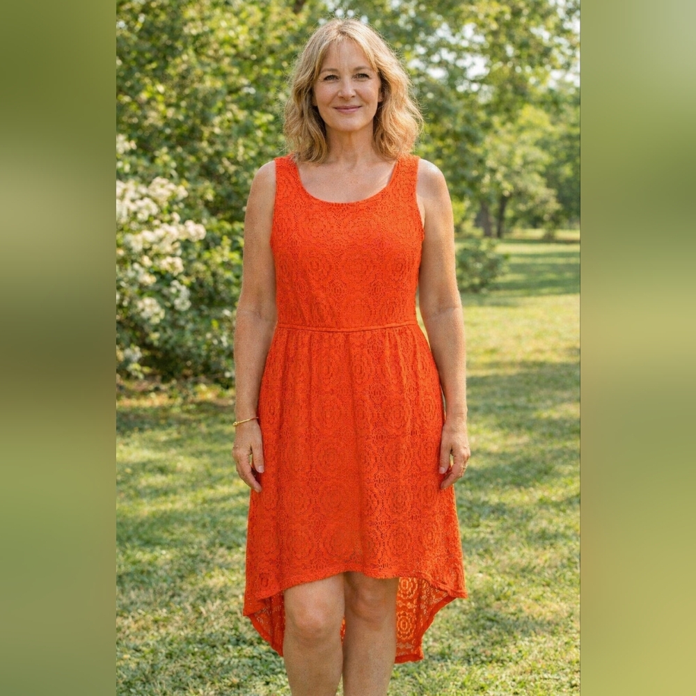 Fenn Wright Manson Dress Size 6 Orange Crochet High Low Sleeveless Bow Back EUC